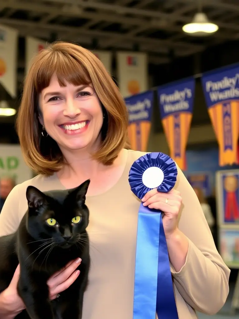 A cat and its owner proudly displaying a winning ribbon at a cat show organized by It's Raining Cats and Dogs Inc.