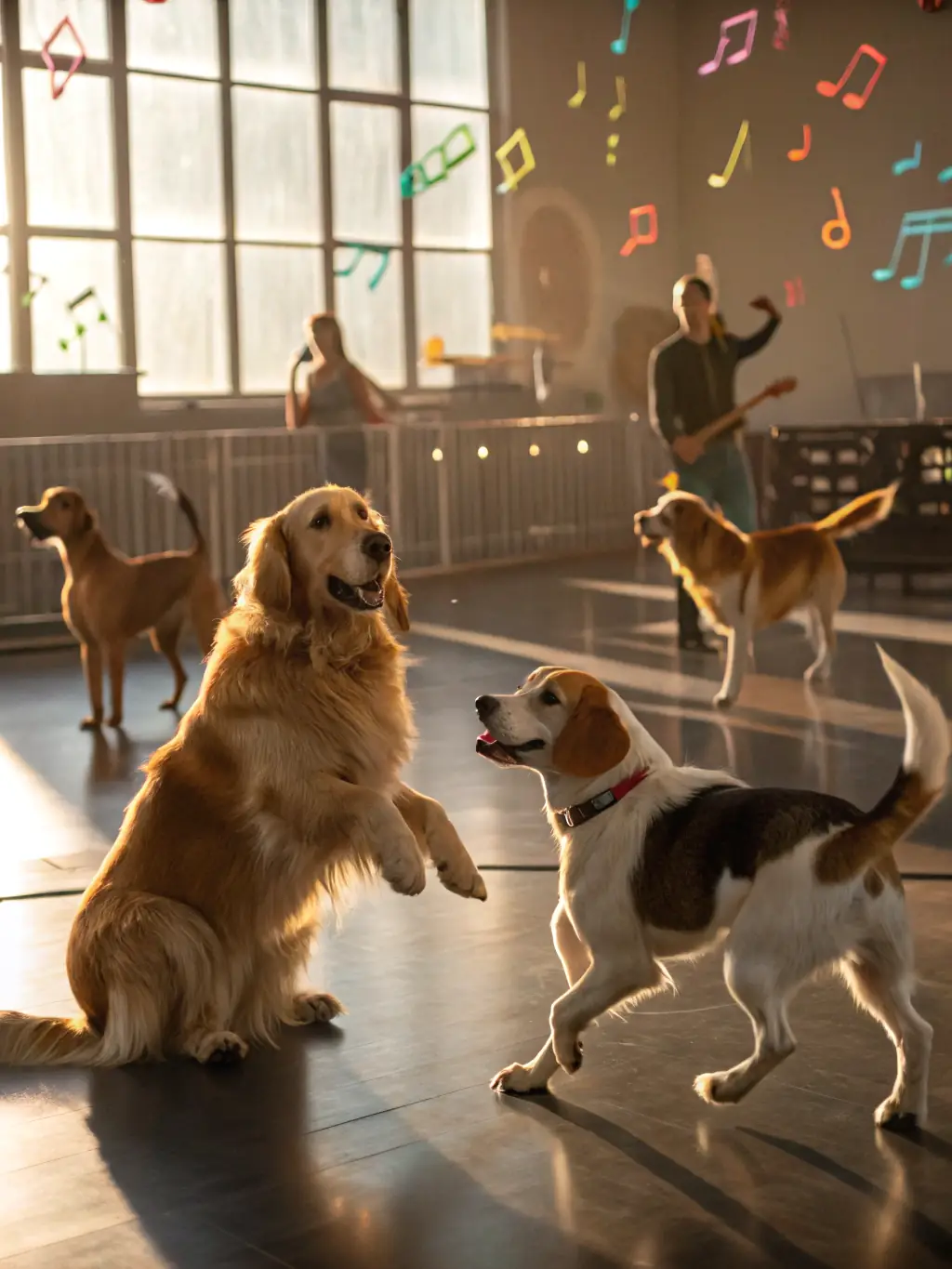 A happy golden retriever playing with a group of other dogs in a brightly colored, safe indoor daycare environment at It's Raining Cats and Dogs Inc.