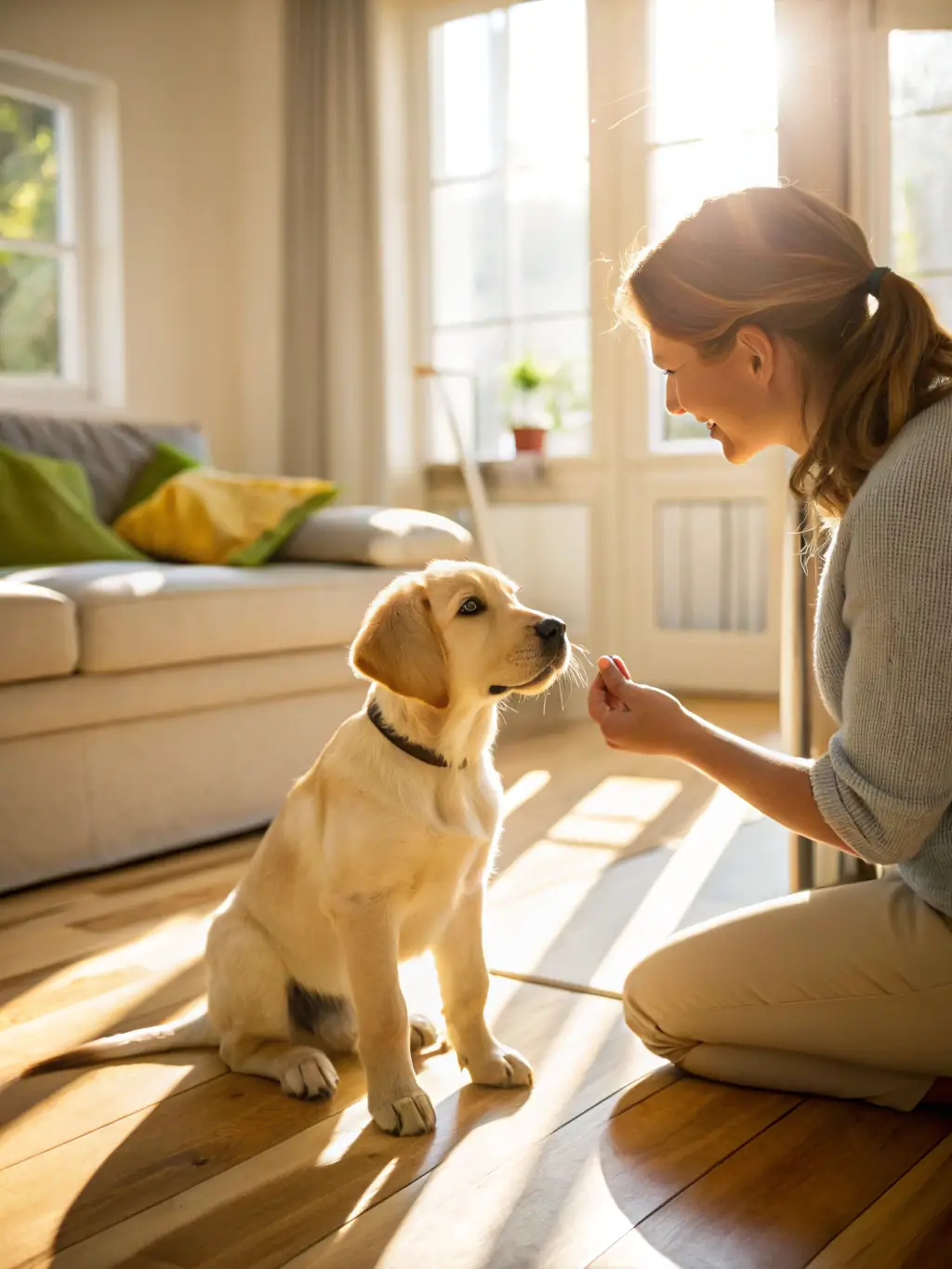A golden retriever puppy attentively sitting during an obedience class at It's Raining Cats and Dogs Inc, with a trainer giving positive reinforcement.