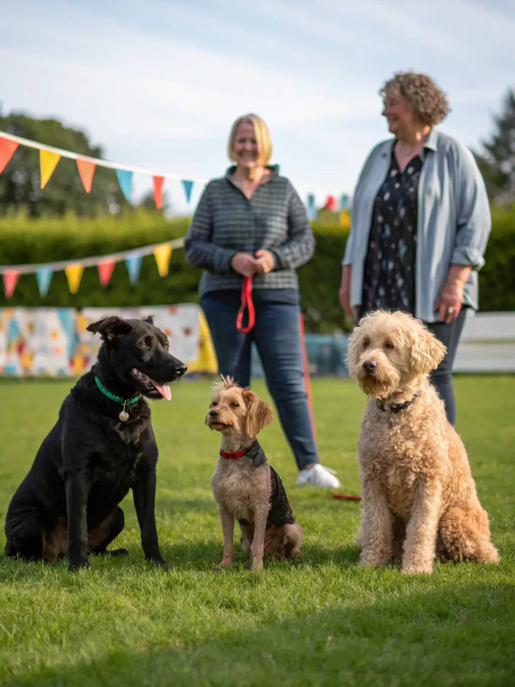 A group of dogs and their owners participating in a friendly dog sports competition at It's Raining Cats and Dogs Inc, with spectators cheering.