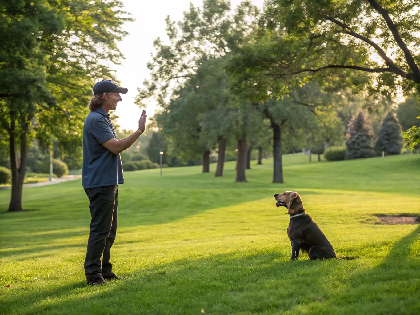 A trainer engaging a dog in a training session outdoors, illustrating the enrichment programs at It's Raining Cats and Dogs Inc.
