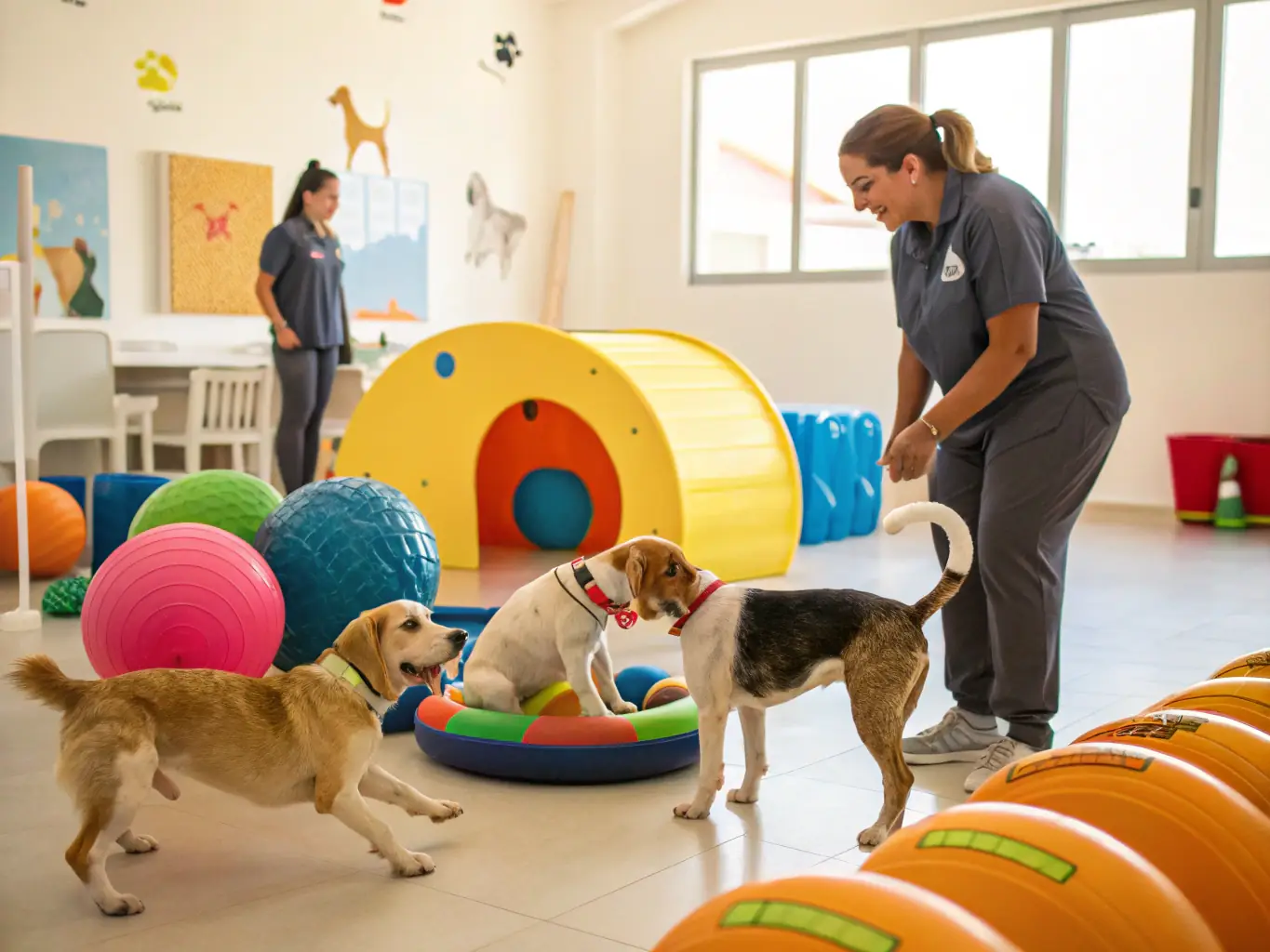 A lively image of dogs and cats playing together in a bright, clean indoor space, representing the daycare service at It's Raining Cats and Dogs Inc.