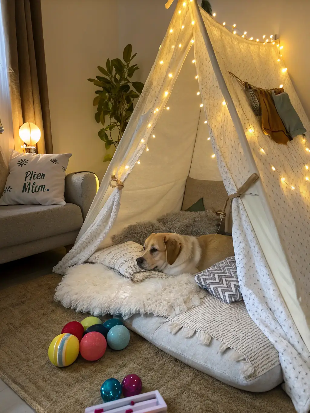 A cozy and clean individual dog boarding suite with a comfortable bed and toys at It's Raining Cats and Dogs Inc.